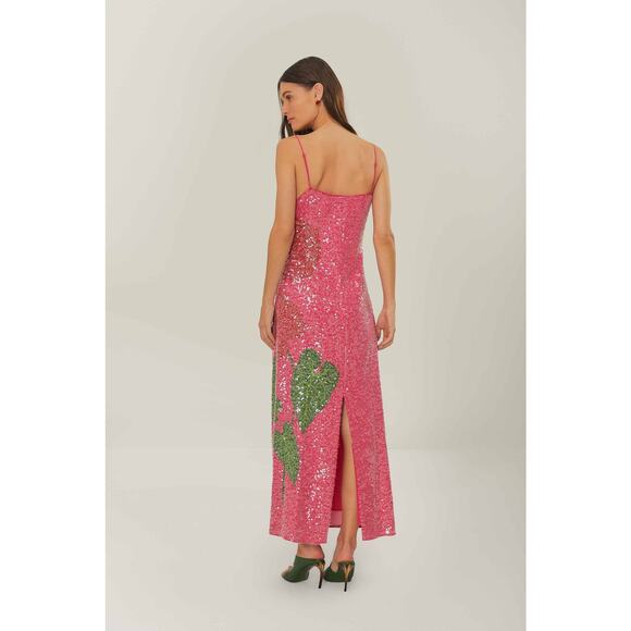 NWT FARM RIO Pink Tropical Leafs Anthurium Floral Sequined Maxi Slip Dress L - Picture 2 of 13